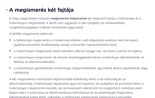 Részlet a biológia érettségi írott jegyzetből: a megismerés két fajtája, félkövéren kiemelt kulcsfogalmakkal.